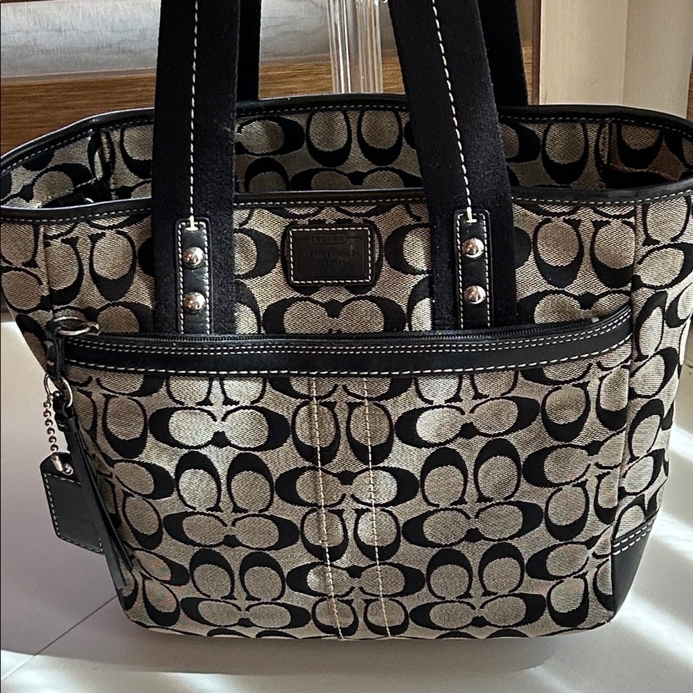 Coach Black and Beige Signature Canvas Tote